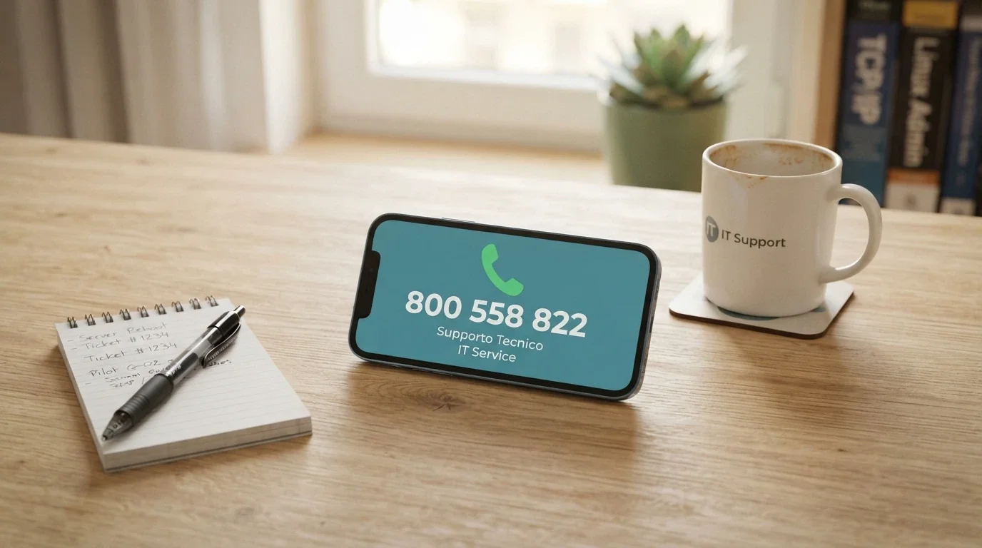 Un telefono con il numero verde 800 558 822 sullo schermo, appoggiato su una scrivania pulita con una tazza di caffè.