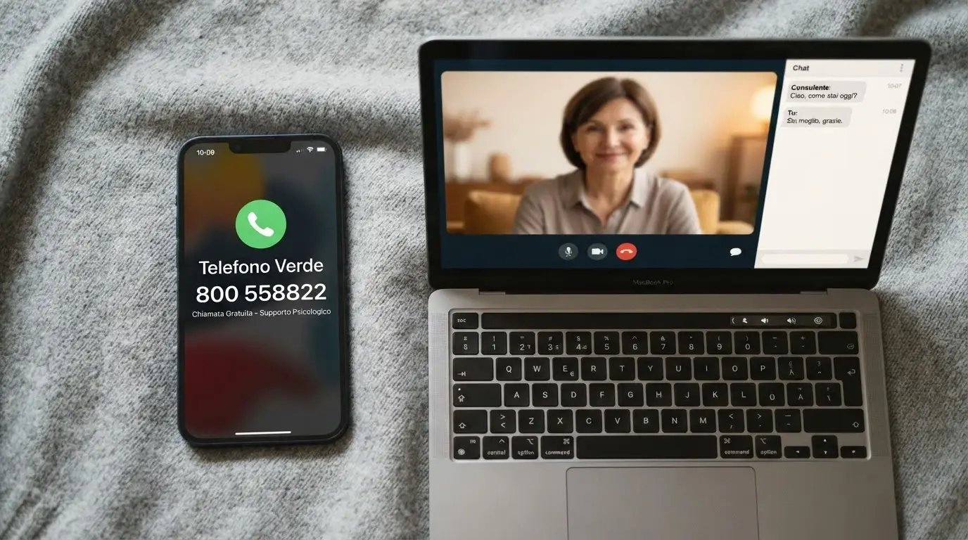 Una linea telefonica di aiuto con il numero verde 800 558822 in sovrimpressione su uno sfondo sobrio, accanto allo schermo di una sessione di terapia online