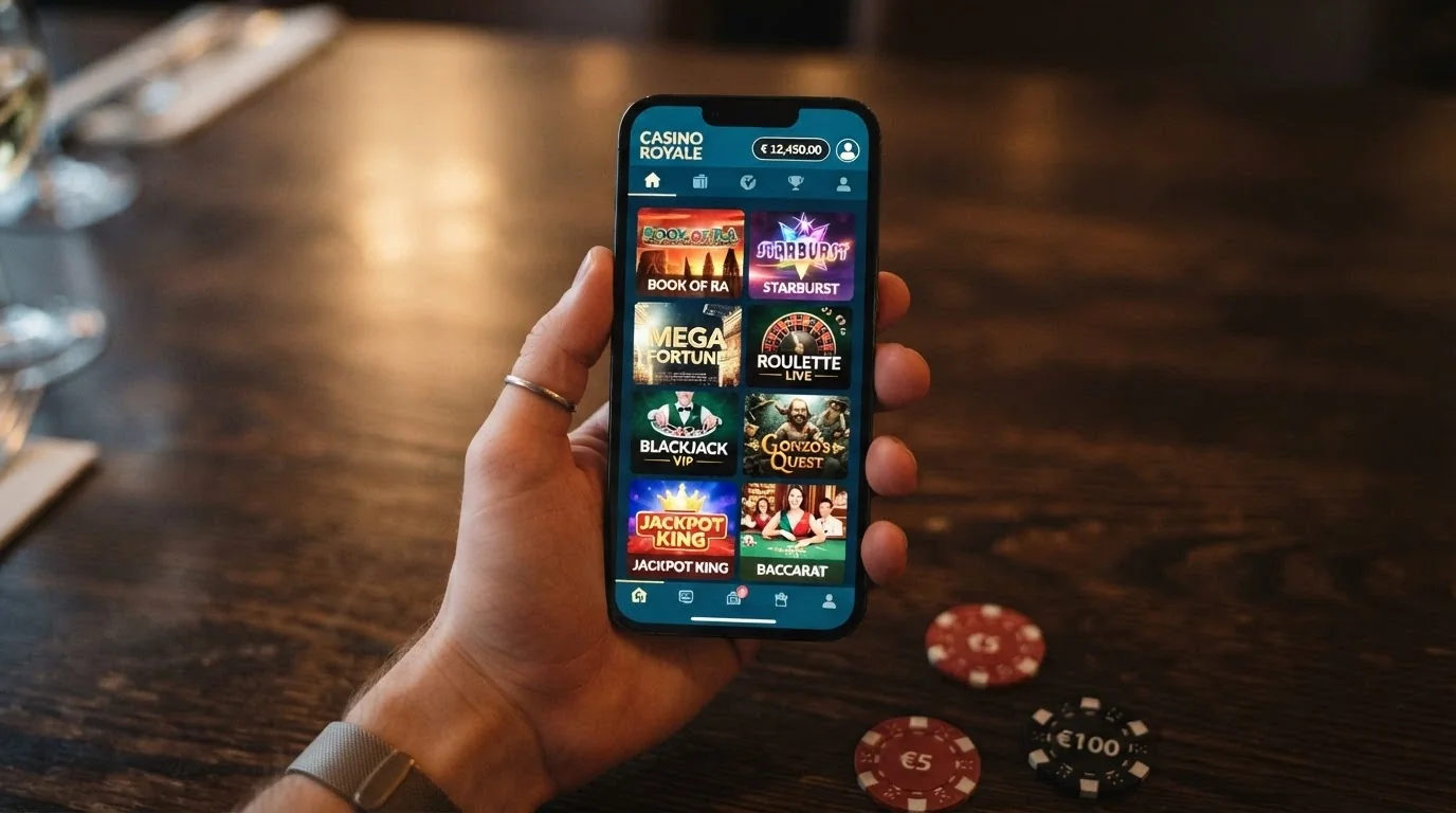 Una mano che tiene uno smartphone con l'interfaccia di un casinò online in primo piano e fiches da casinò sullo sfondo