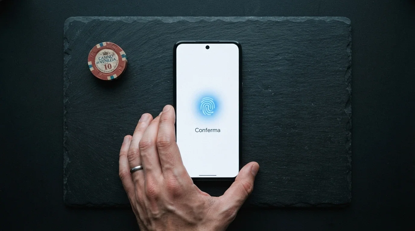Uno smartphone che mostra la schermata di autenticazione Face ID durante un deposito al casinò, con il logo Apple Pay in evidenza