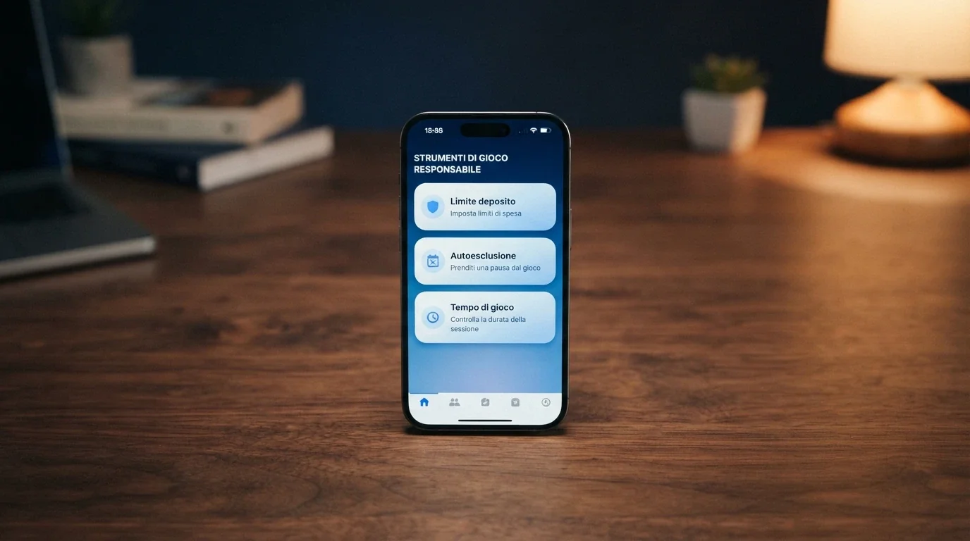 L'interfaccia di un'app con tre pulsanti in evidenza: «Limite deposito», «Autoesclusione», «Tempo di gioco», su sfondo rassicurante blu scuro