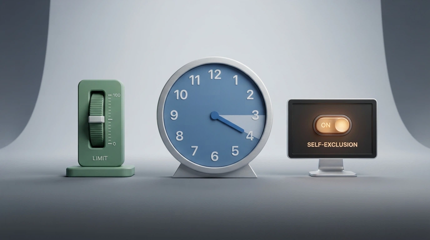 Schermo di un'interfaccia di gioco responsabile con icone per limite di deposito, autoesclusione e timer di sessione