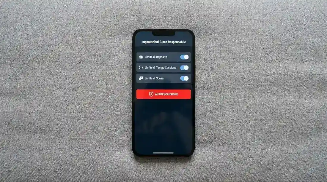 Il pannello di controllo dei limiti di gioco su un'app casinò ADM: interruttori per deposito, tempo, perdita e il pulsante di autoesclusione in evidenza