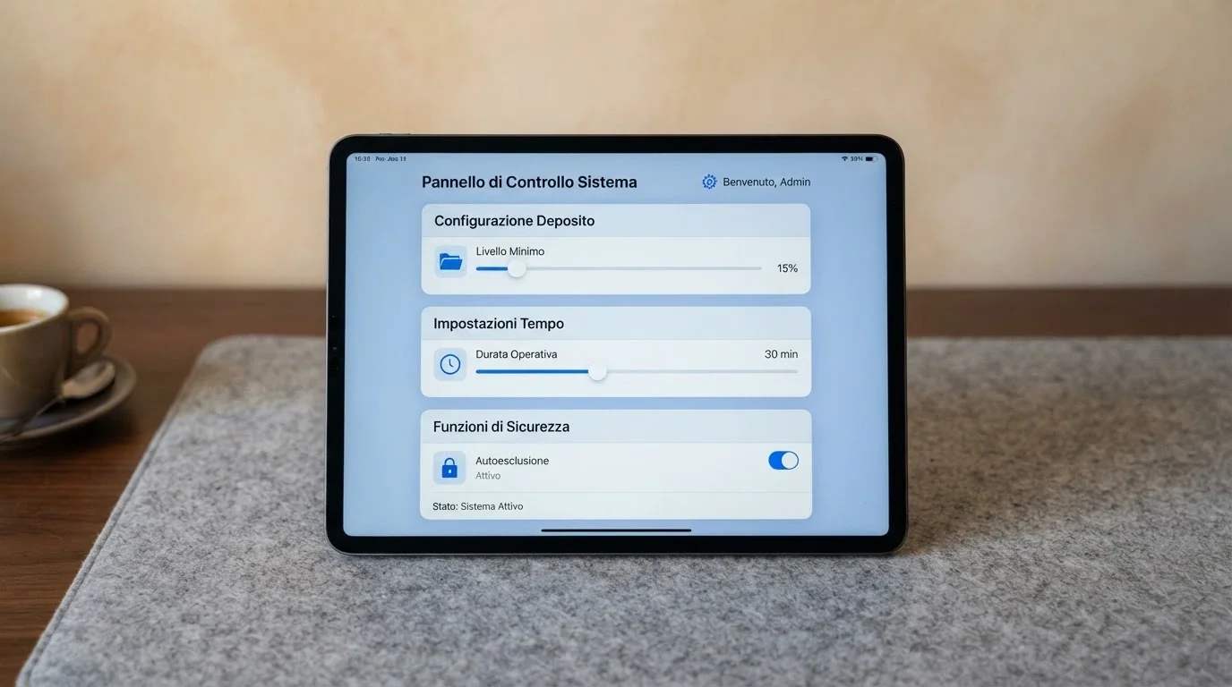 Un pannello di controllo con slider e interruttori etichettati «Limite deposito», «Tempo», «Autoesclusione RUA» su sfondo rassicurante