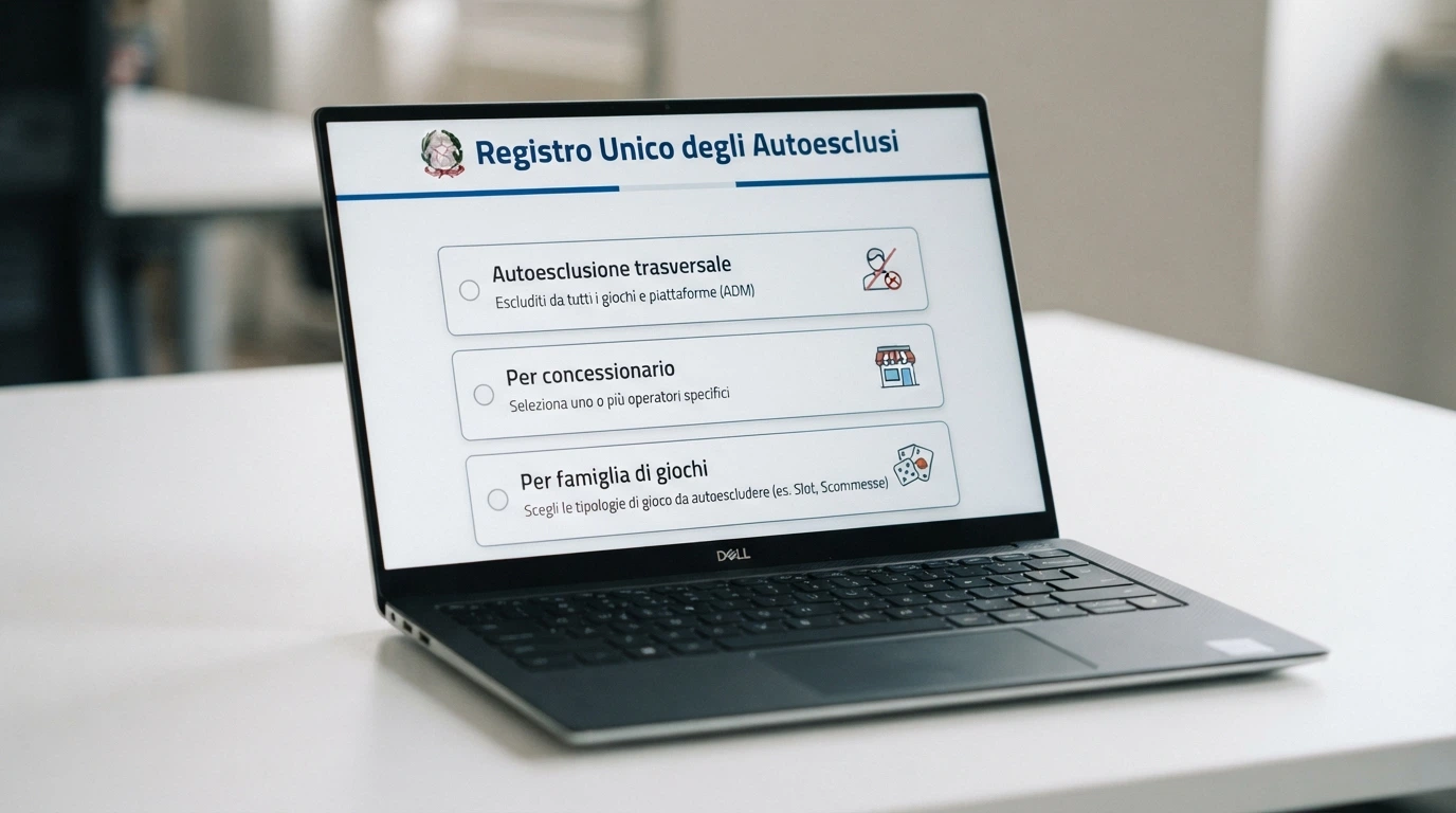 un'interfaccia web pulita con l'intestazione «Registro Unico degli Autoesclusi» e tre opzioni selezionabili: autoesclusione trasversale, per concessionario, per famiglia di giochi