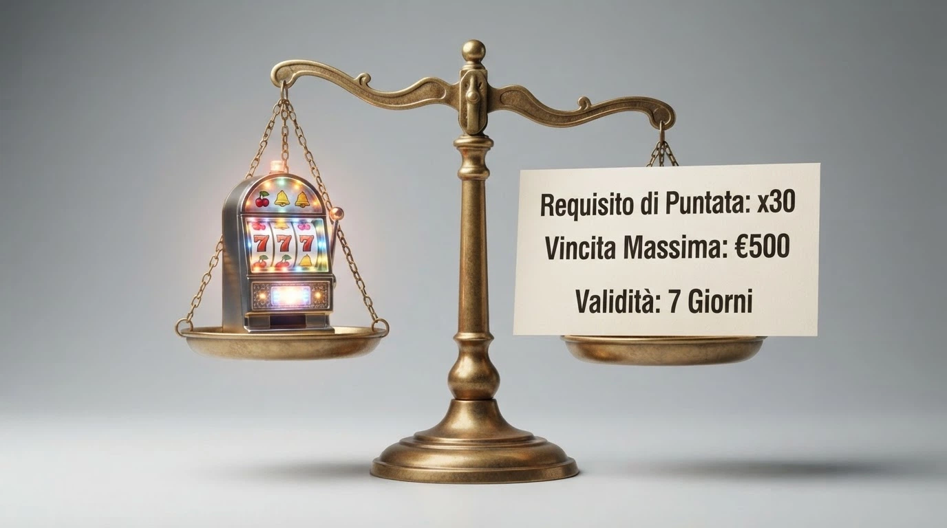 Una bilancia stilizzata: su un piatto 70 giri gratis con il simbolo delle slot, sull'altro i termini del bonus (wagering 35x, cap €50, scadenza 7gg)