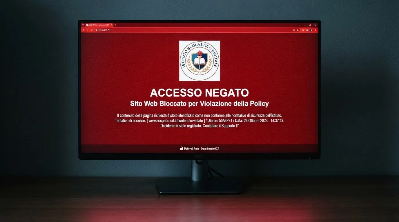 Lo schermo di un browser che mostra il messaggio «Sito non raggiungibile — dominio inibito da ADM» su sfondo rosso scuro, con il logo ADM visibile nell'avviso