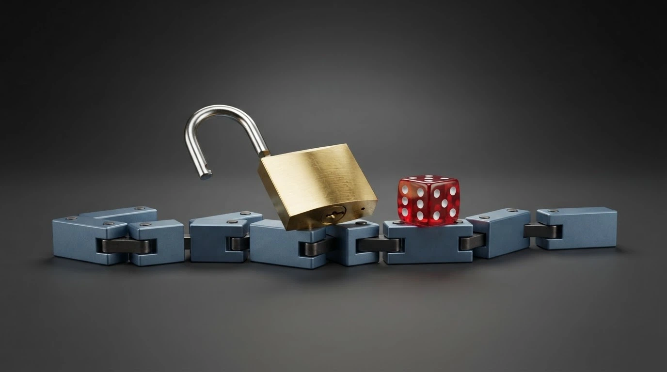 Una catena di blocchi digitale con un lucchetto e un dado da gioco sospesi sopra, su sfondo scuro