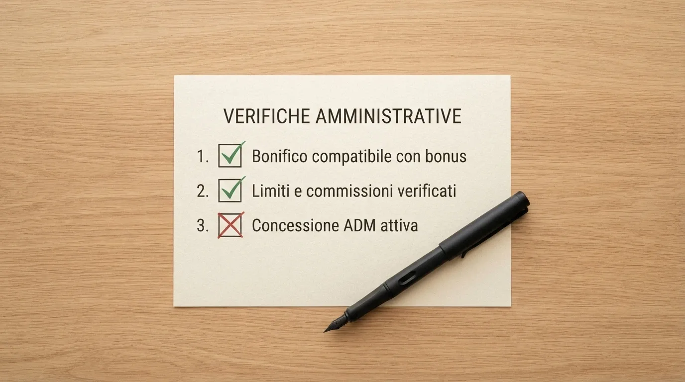 Una checklist visiva con segni di spunta e croci che riassume i punti chiave per usare il bonifico istantaneo nei casinò ADM
