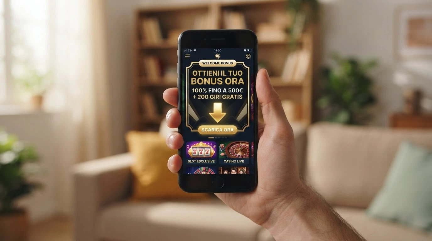 Smartphone con l'interfaccia di un casinò ADM in app, simboli di bonus welcome e icona di download
