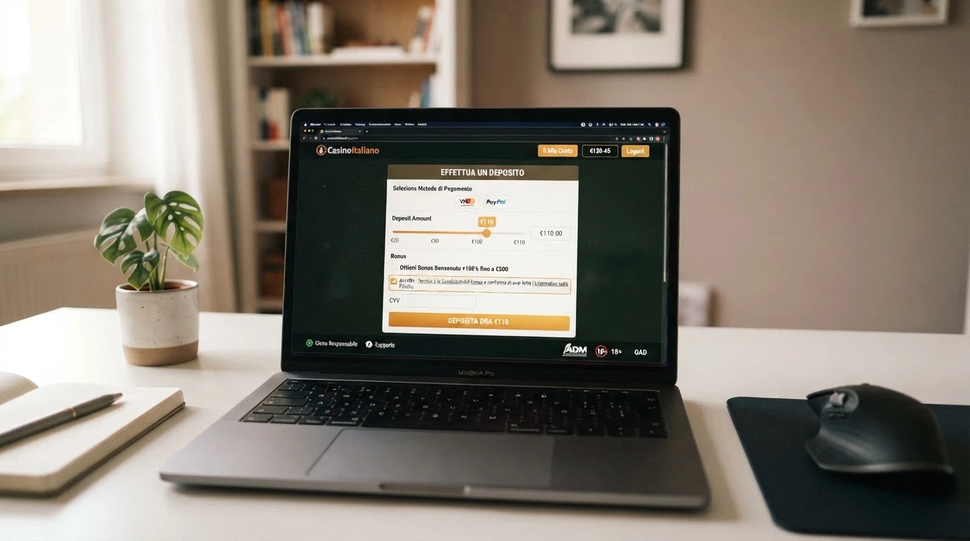 L'interfaccia di attivazione di un bonus sul primo deposito in un casinò online italiano, con il selettore dell'importo del versamento e la spunta per accettare i termini del bonus