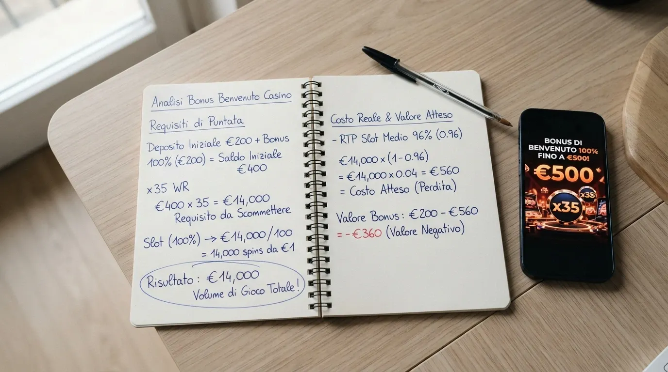 Una calcolatrice accanto a un bonus banner con la cifra €2.000, e una lente che ingrandisce la scritta «wagering 40x»