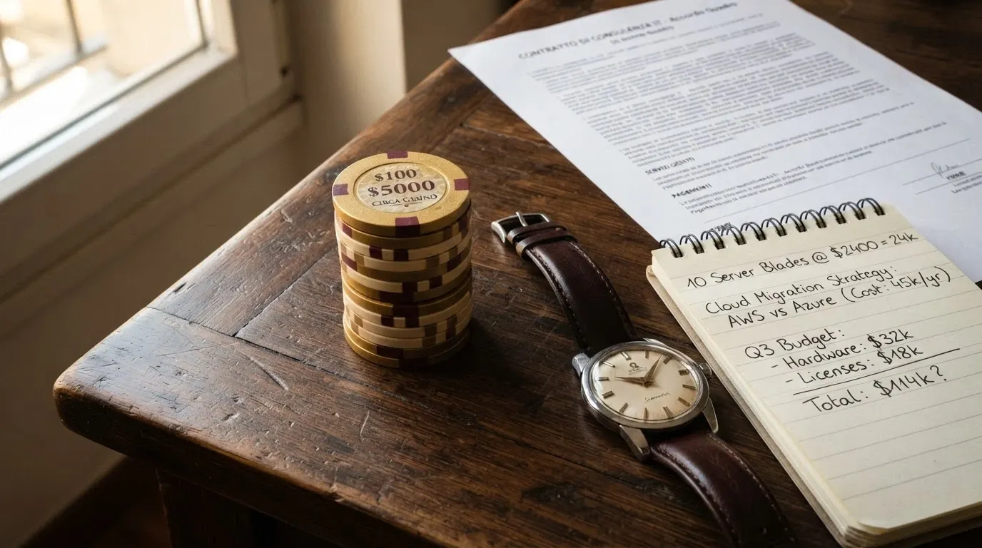 Una pila di monete bitcoin dorate con un orologio e una calcolatrice accanto, su sfondo di un contratto con termini in piccolo