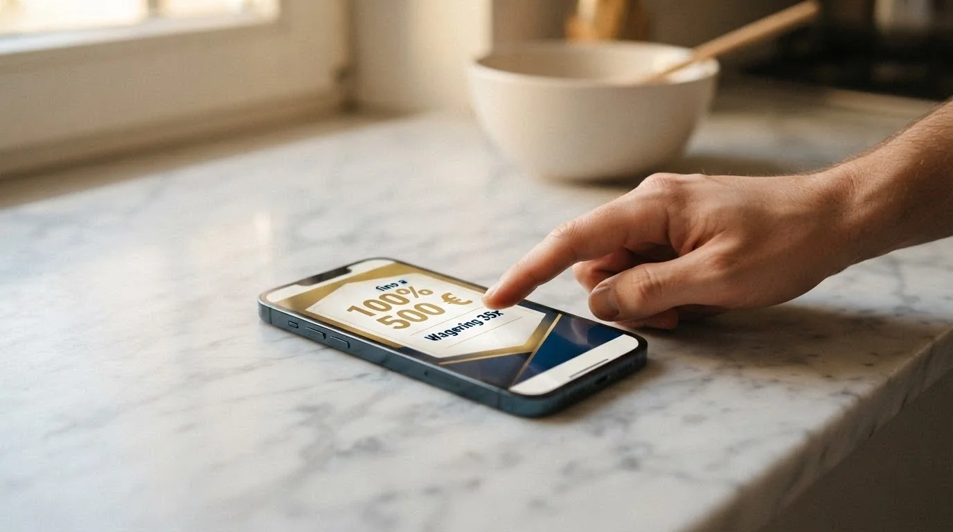 Una schermata di benvenuto di un'app di casinò Android con l'offerta «100% fino a 500 €» in evidenza e, in piccolo sotto, il moltiplicatore di scommessa