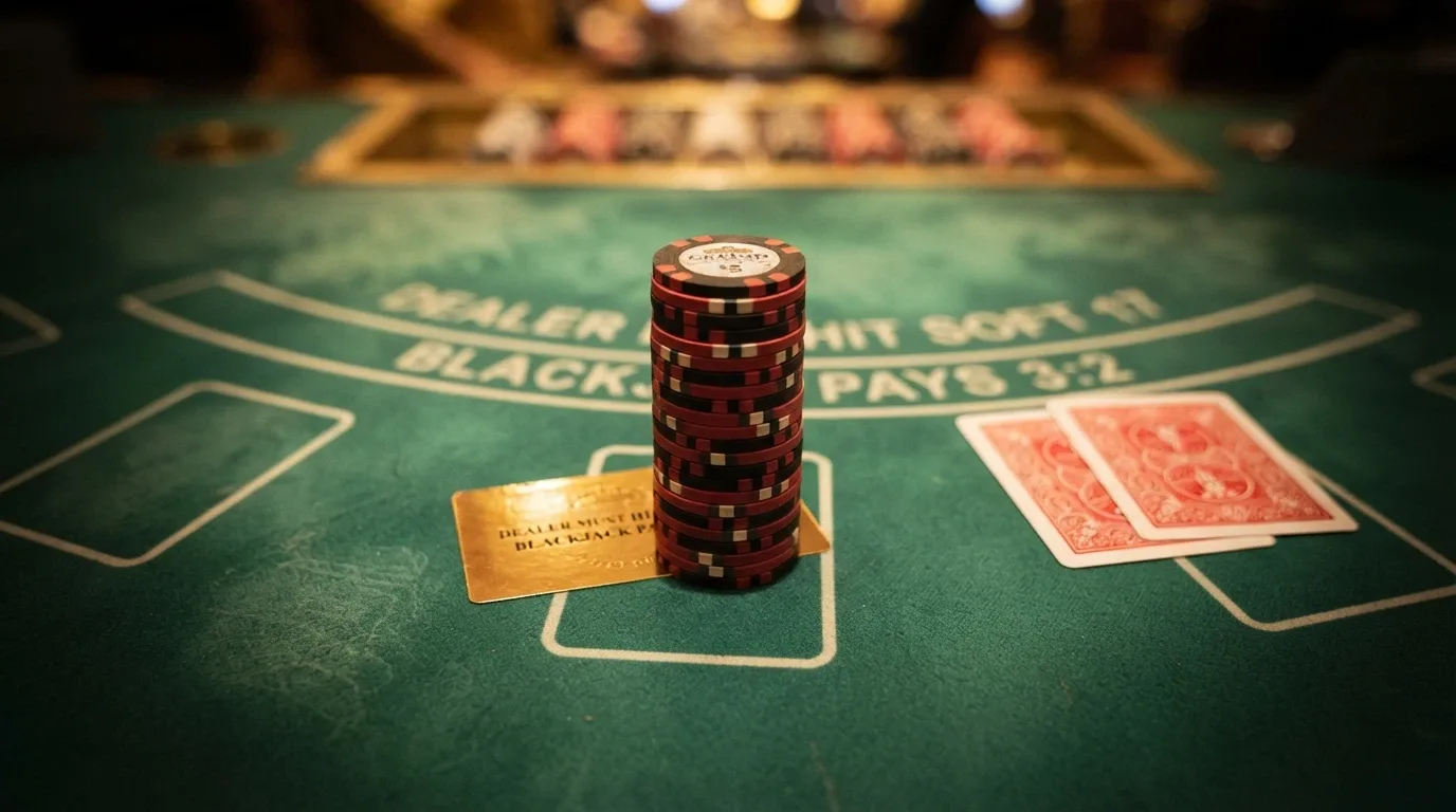 Primo piano di un tavolo da blackjack live con fiches impilate e un badge «bonus» in sovrimpressione semi-trasparente