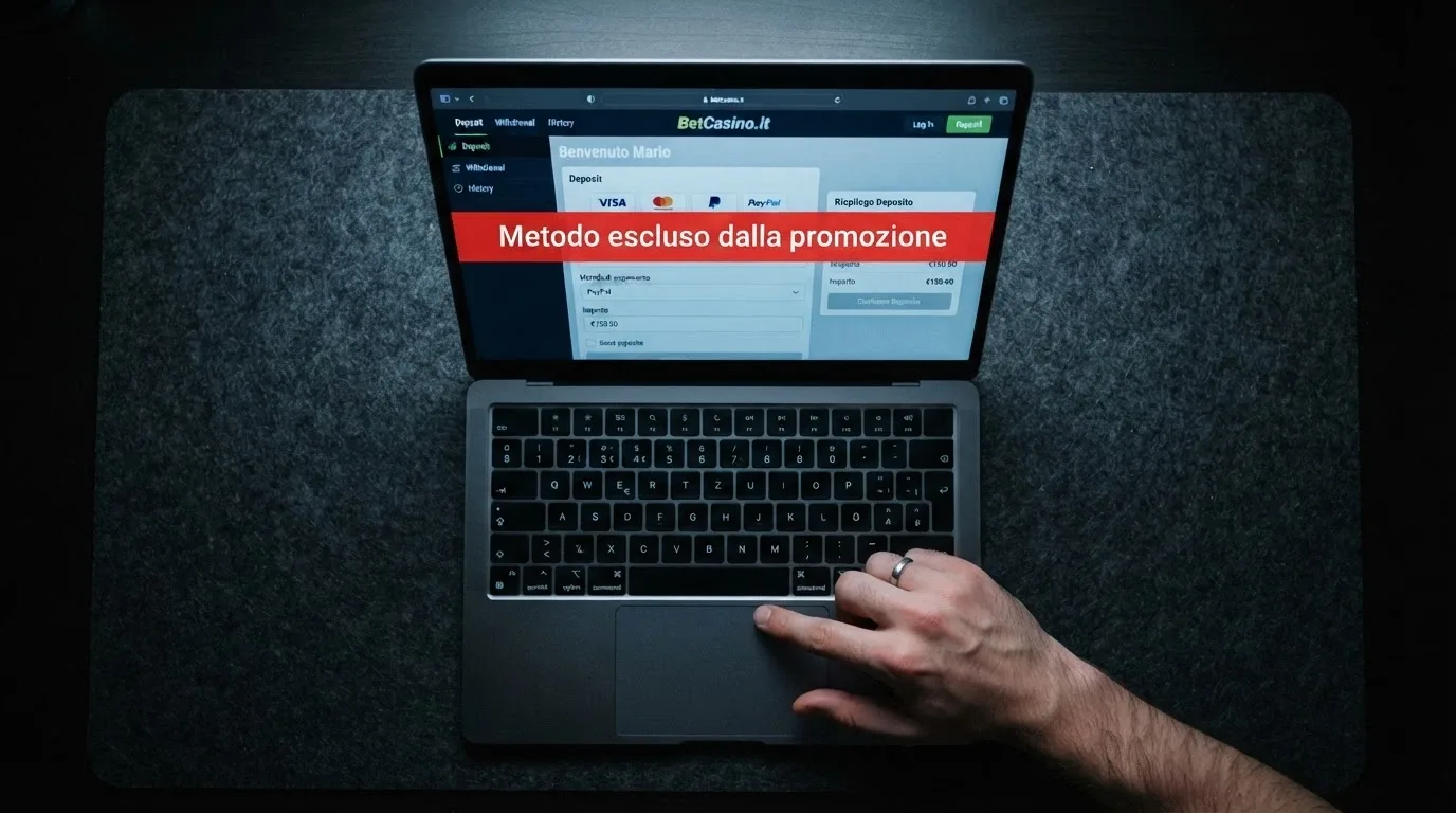 Un avviso su schermo che indica «Bonifico bancario escluso dalla promozione» visualizzato durante la procedura di deposito in un casinò online
