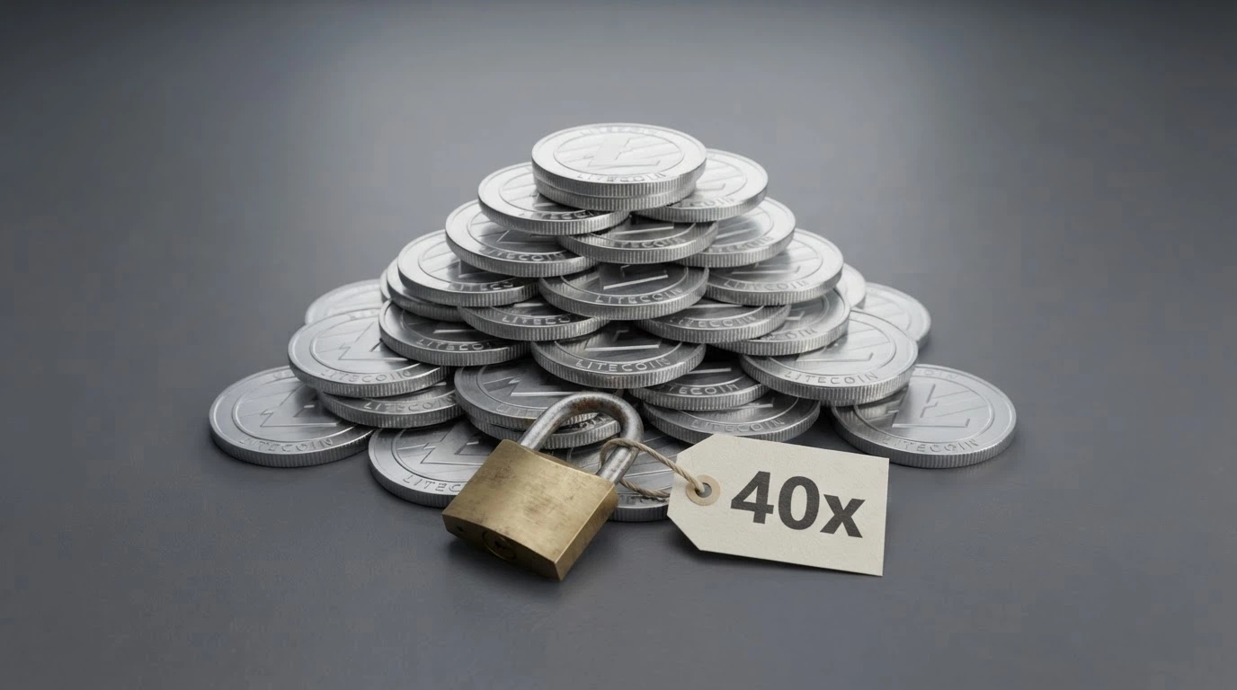 Una pila di monete Litecoin argentate con un lucchetto e la scritta «40x» incisa su un cartellino attaccato al lucchetto