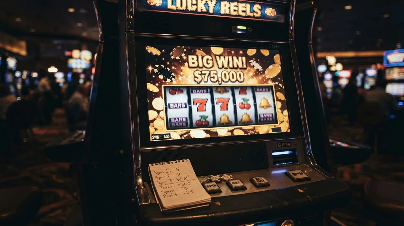 Una slot machine con un'animazione di vincita e una calcolatrice in primo piano
