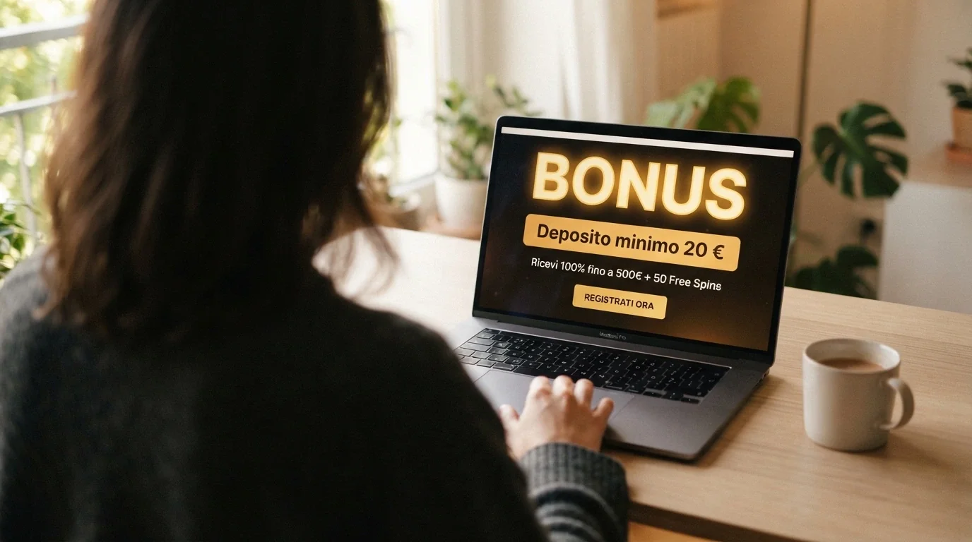 Un bonus di benvenuto visualizzato su un casinò online con la dicitura «deposito minimo 20€ per attivare l'offerta» in evidenza