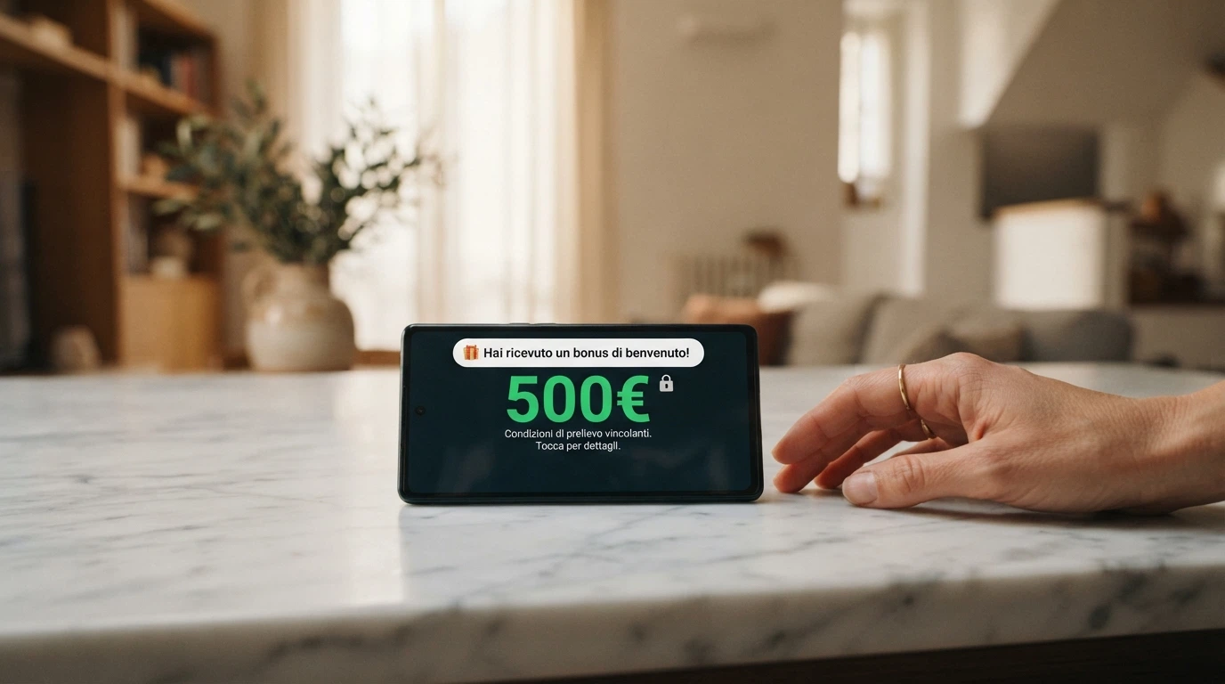 Un telefono con la notifica «accredito bonus 500€» e un lucchetto che ne impedisce il prelievo immediato