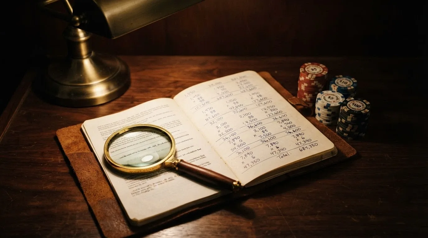 Una calcolatrice accanto a una pila di fiches con una lente d'ingrandimento che rivela le condizioni in piccolo