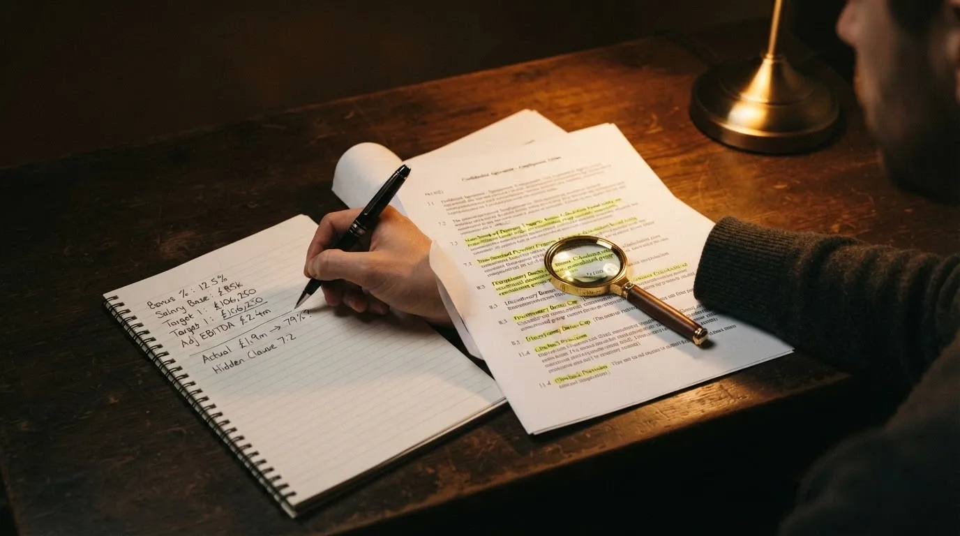 Una calcolatrice accanto a un contratto con le clausole del wagering evidenziate in giallo e una lente di ingrandimento