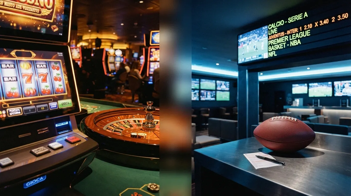 Due colonne affiancate: a sinistra slot machine e roulette stilizzate, a destra un tabellone quote e un pallone da calcio