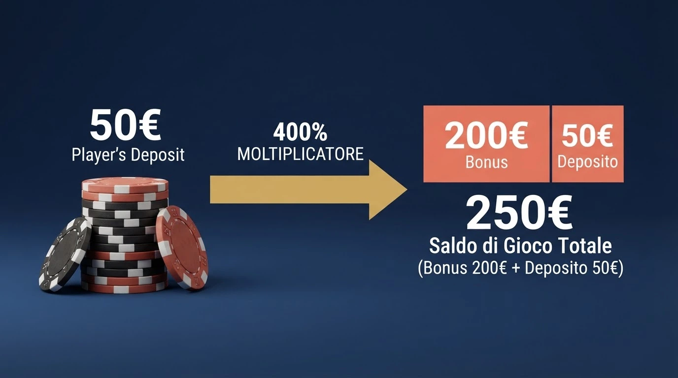 Schema visivo che mostra un deposito da 50€ trasformato in 250€ con la quota bonus evidenziata in un colore diverso