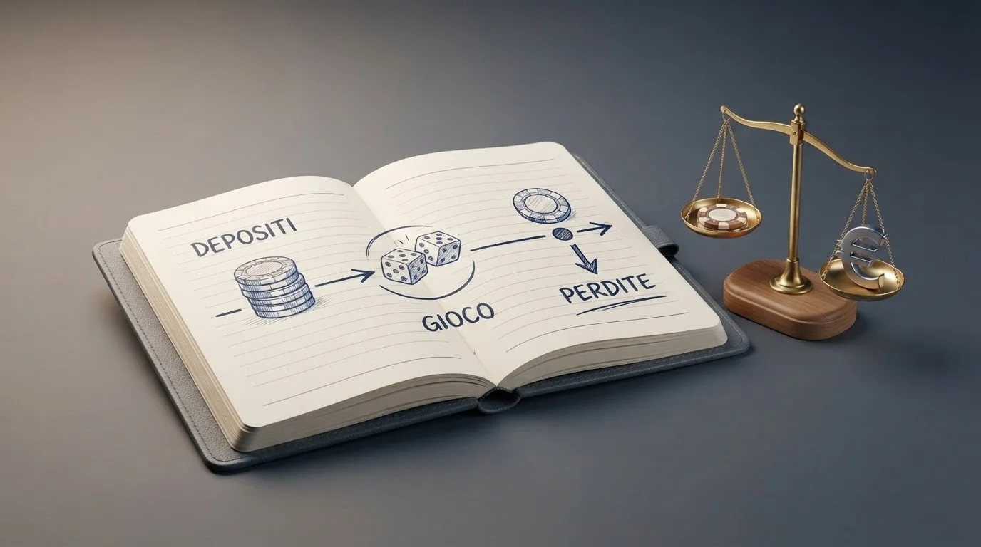 Schema visivo che illustra il calcolo della perdita netta: depositi, giocate, perdite e percentuale di rimborso applicata