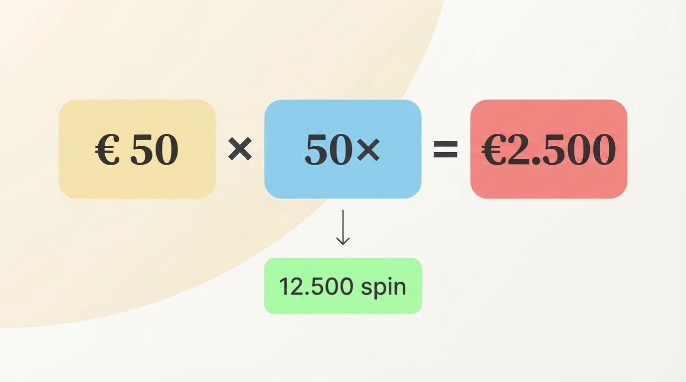 Schema visivo del calcolo dei requisiti di puntata: bonus × moltiplicatore = turnover richiesto, con un esempio numerico