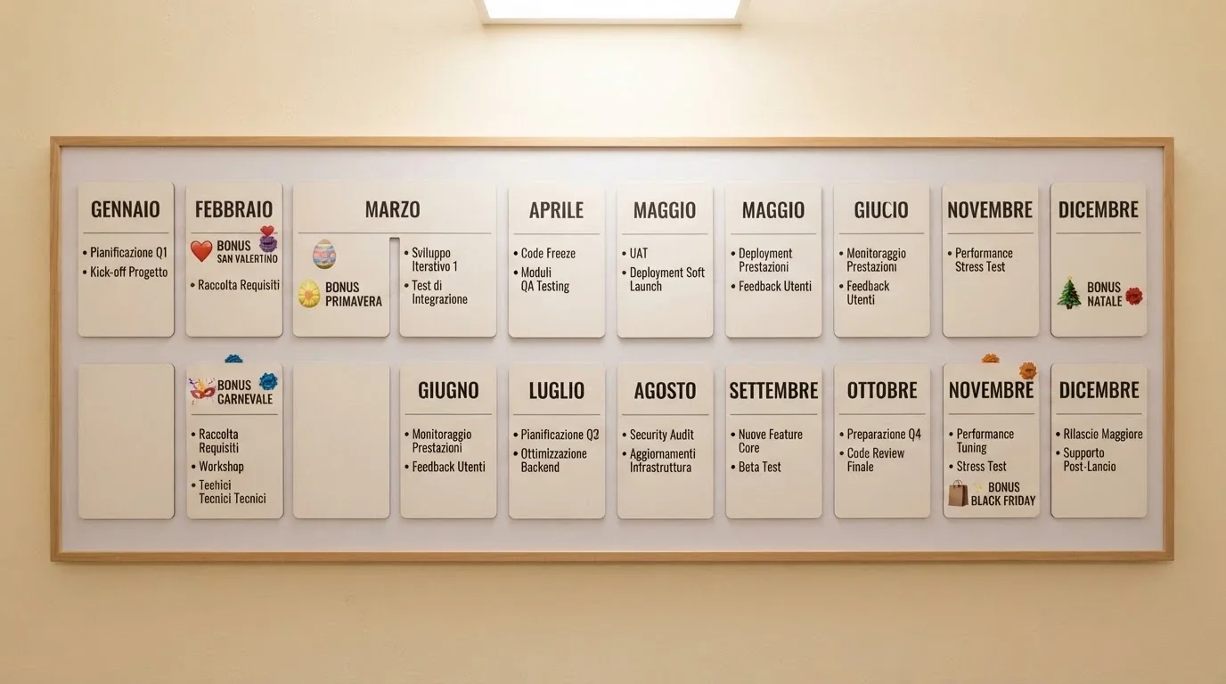Un calendario annuale stilizzato con le principali festività — Black Friday, Natale, Pasqua, Carnevale, San Valentino — e accanto a ciascuna l'icona di un bonus o di un pacchetto promozionale