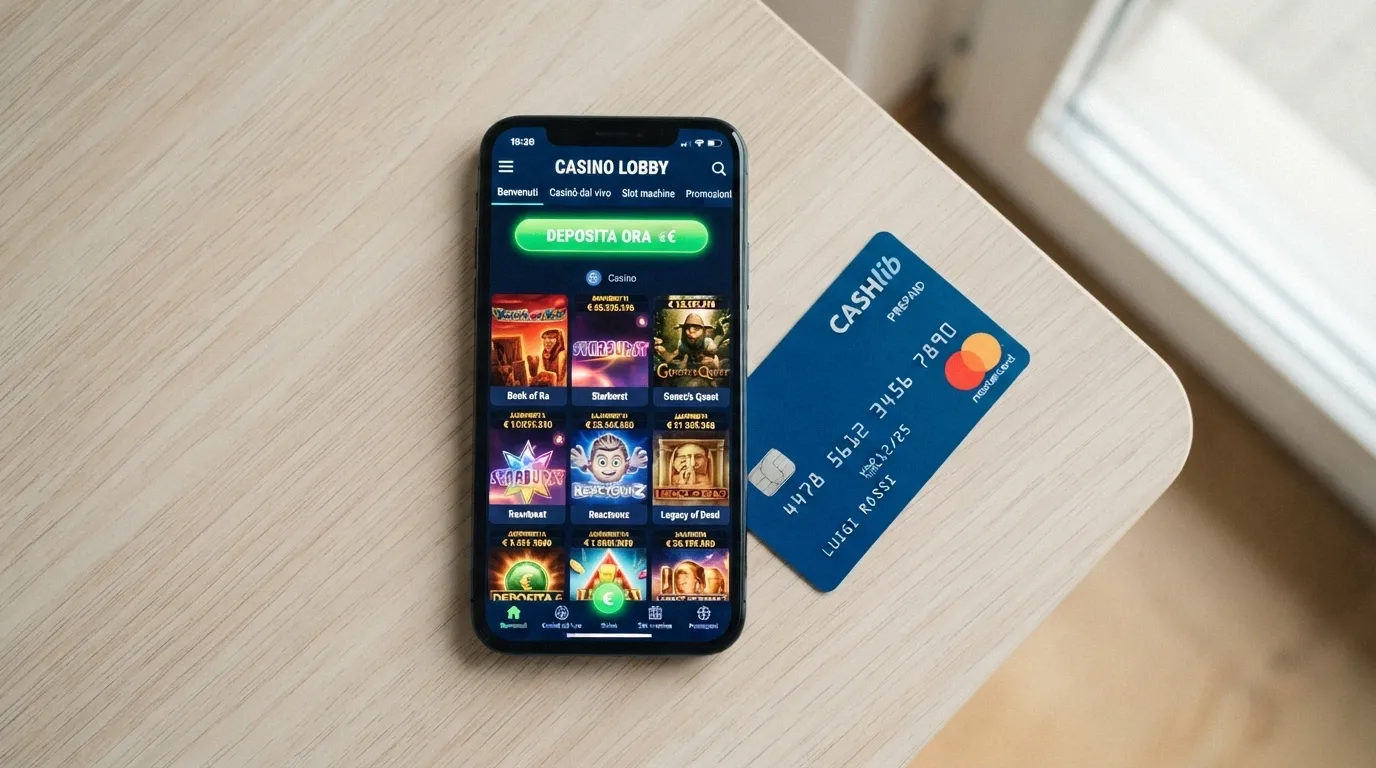 Primo piano di una carta Postepay standard accanto a uno smartphone con l'interfaccia di un casinò online