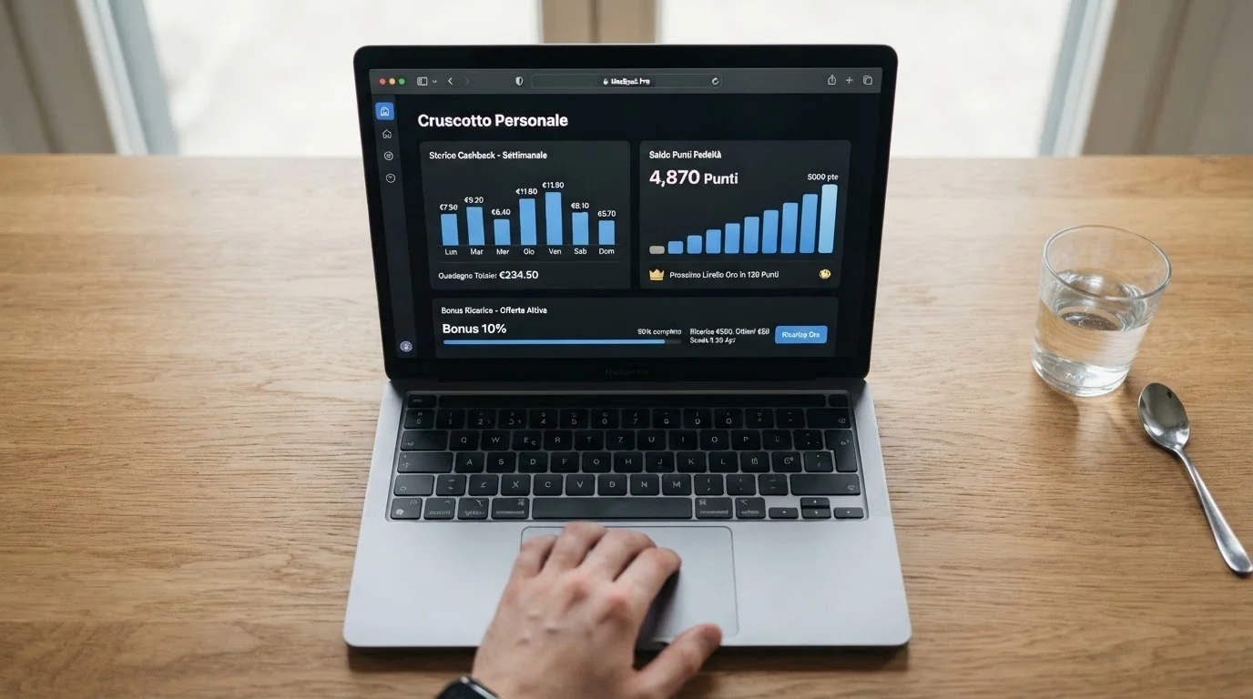 L'interfaccia di un'area personale di un casinò online che mostra lo storico dei cashback ricevuti, il saldo punti fedeltà e un bonus ricarica attivo