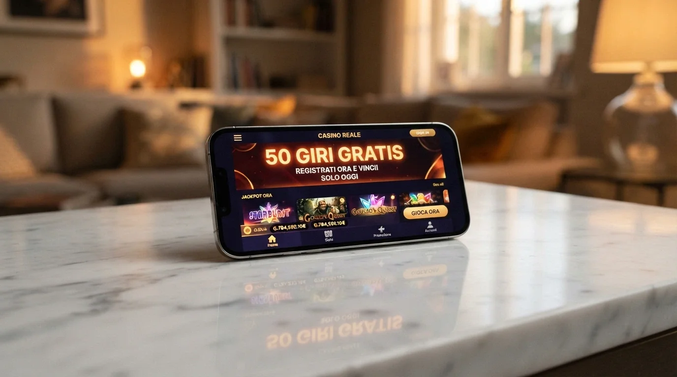 Uno smartphone che mostra l'interfaccia di un'app di casino ADM con la scritta «50 giri gratis» in evidenza sullo schermo