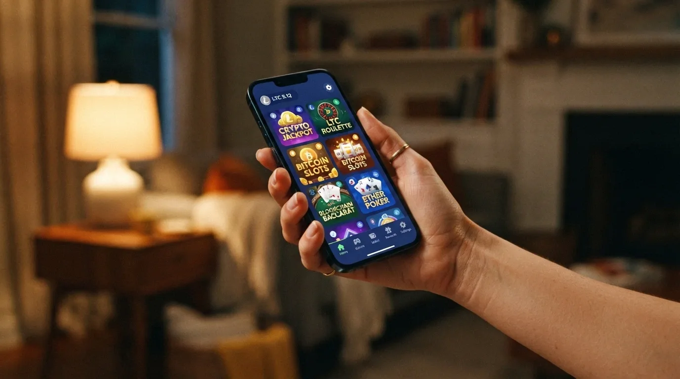 Una mano che tiene uno smartphone in orizzontale con l'interfaccia mobile di un casinò e il simbolo Litecoin sullo schermo, icone PWA nell'angolo