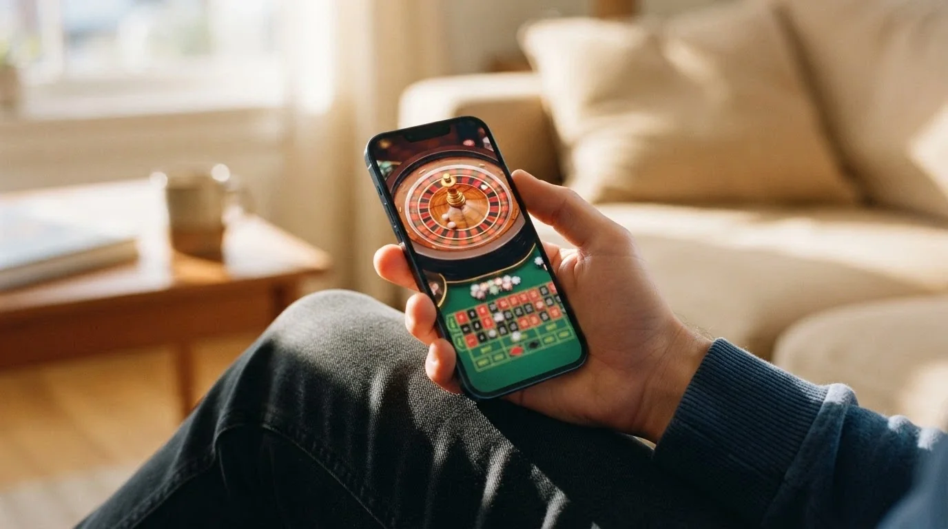 Smartphone in mano a un giocatore con interfaccia di roulette live visibile sullo schermo, sfondo ambiente domestico