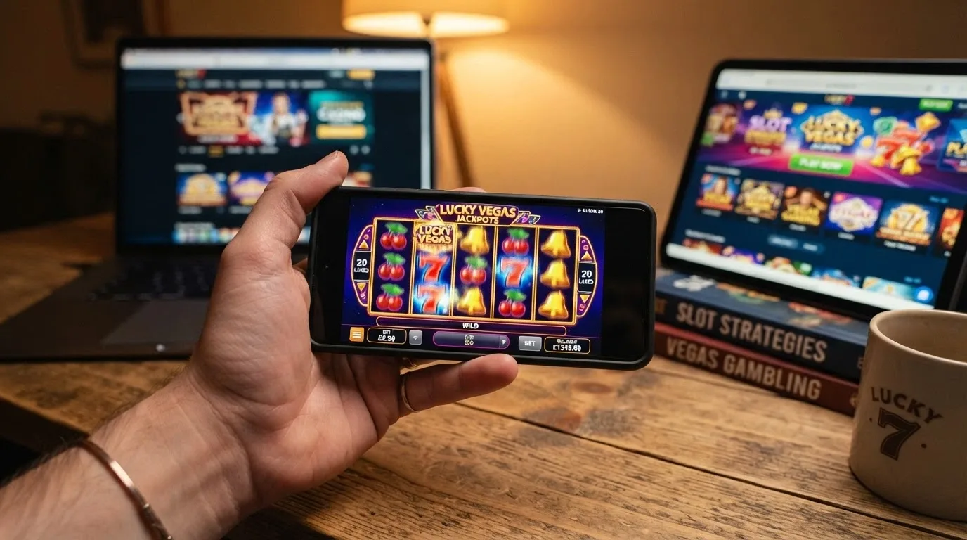 Una mano che tiene uno smartphone in orizzontale con i rulli di una slot in movimento sullo schermo, sullo sfondo un tablet e un laptop