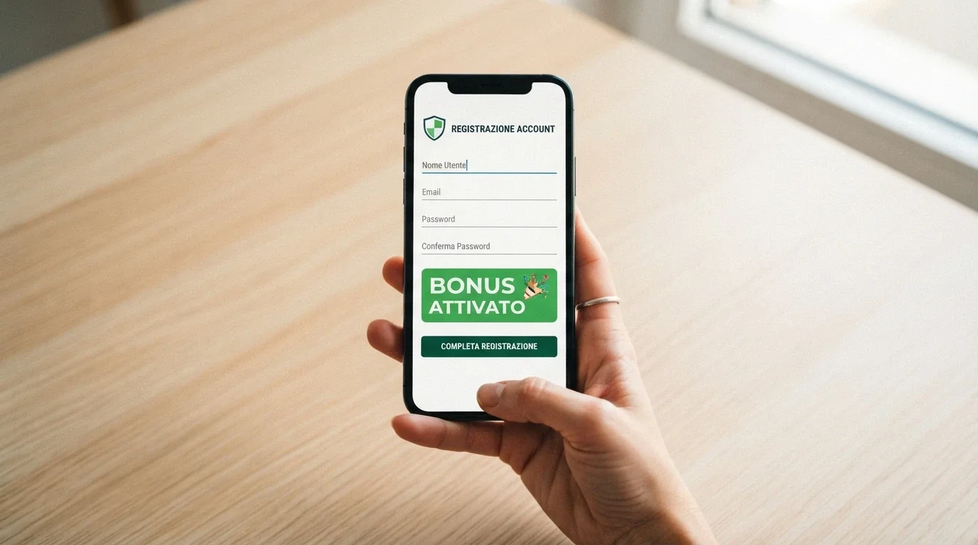 Uno smartphone in mano con l'interfaccia di registrazione SPID di un casinò ADM, badge «Bonus Attivato» in evidenza
