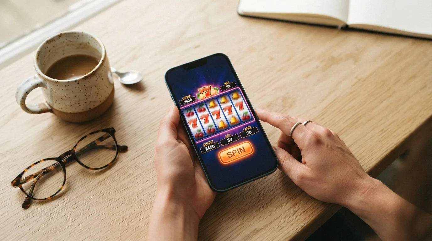 Uno smartphone che mostra una slot machine in esecuzione sull'app di un casinò ADM, con una mano che tocca lo schermo per far girare i rulli