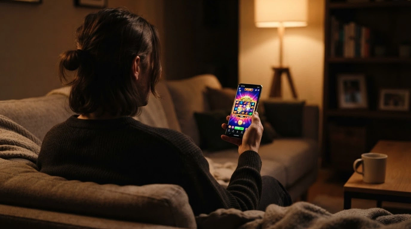 Uno smartphone in mano a un giocatore con l'interfaccia mobile di un casinò online e una slot in esecuzione