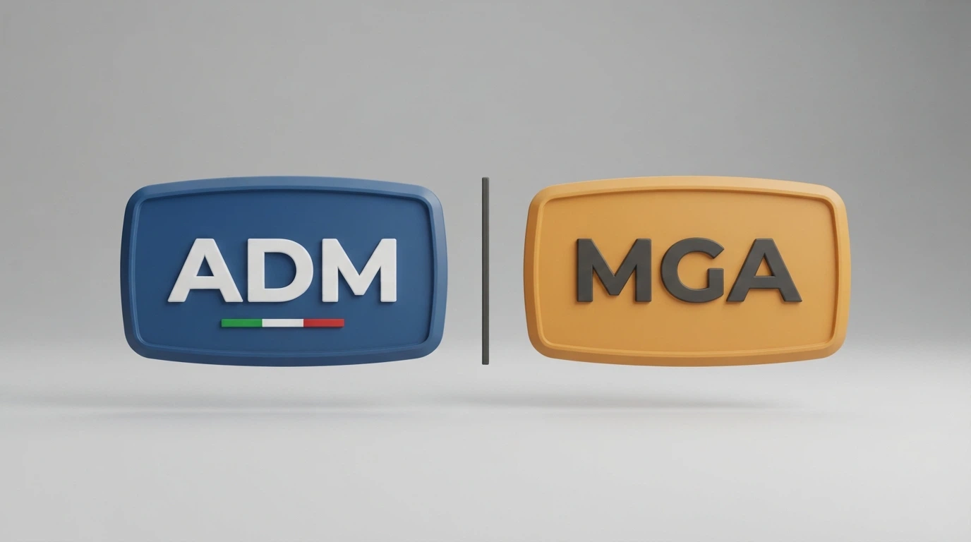 Due colonne contrapposte: a sinistra un badge con la dicitura ADM e i colori istituzionali italiani, a destra un badge con la dicitura MGA/Curaçao su sfondo diverso