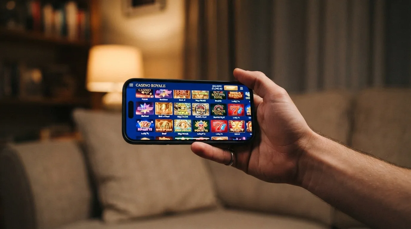Mano che regge uno smartphone in orizzontale con l'interfaccia mobile di un casinò non AAMS in primo piano, slot grafica visibile sullo schermo