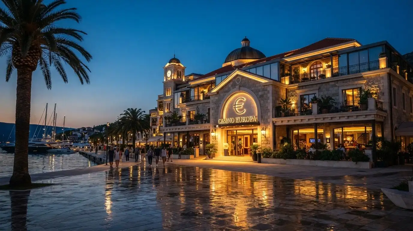 La facciata di un casinò offshore con il simbolo di Dogecoin e una bandiera di Curaçao