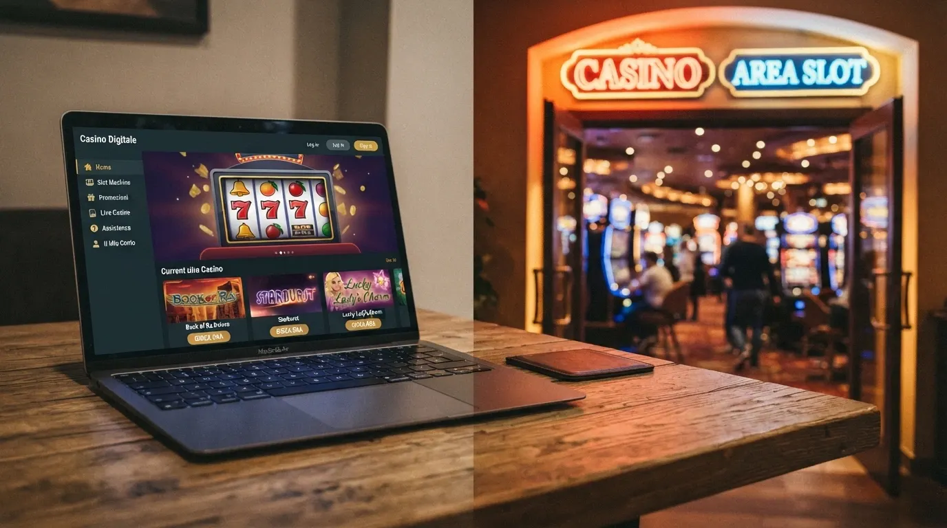 Un computer portatile aperto su un casinò online accanto all'ingresso di un casinò fisico tradizionale