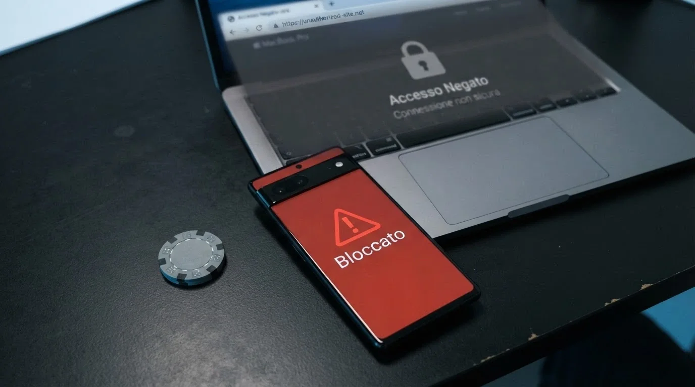 Un segnale di avvertimento digitale su uno sfondo di pagine web bloccate dal DNS