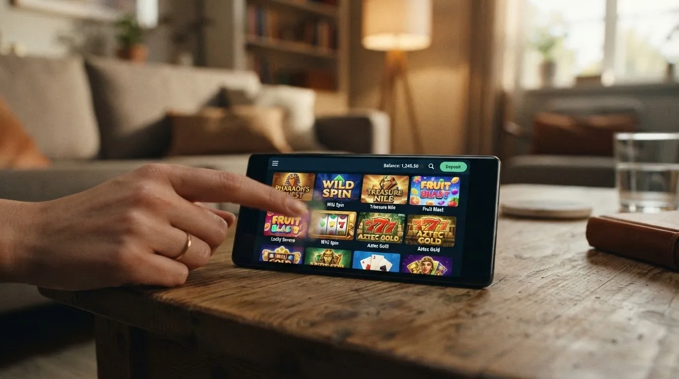 Smartphone con l'interfaccia di un casinò online in modalità landscape e un dito che scorre la lobby dei giochi