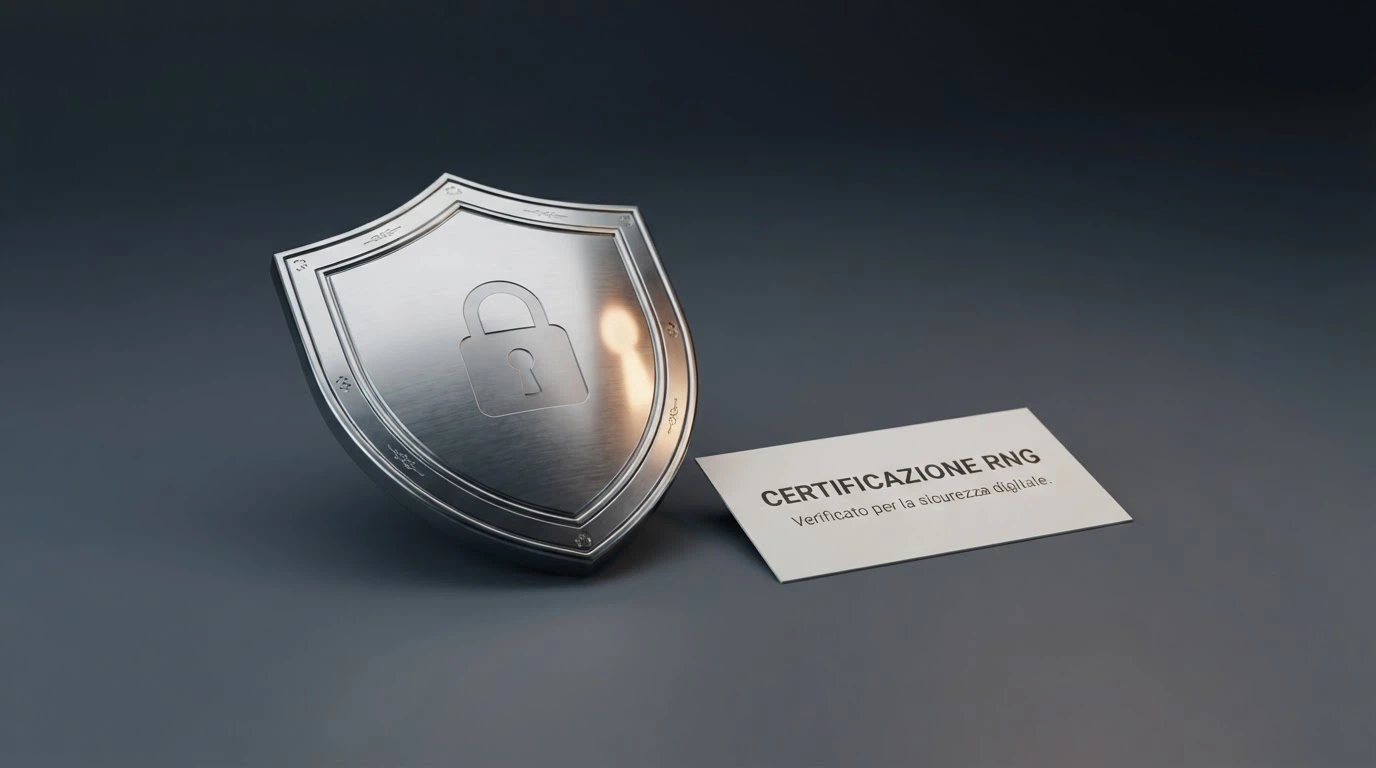 Il sigillo di certificazione di un organismo di test accreditato (eCOGRA, iTech Labs o GLI) posizionato sul footer di un sito di casinò online italiano, con accanto una lente di ingrandimento digitale che ne evidenzia il numero di licenza
