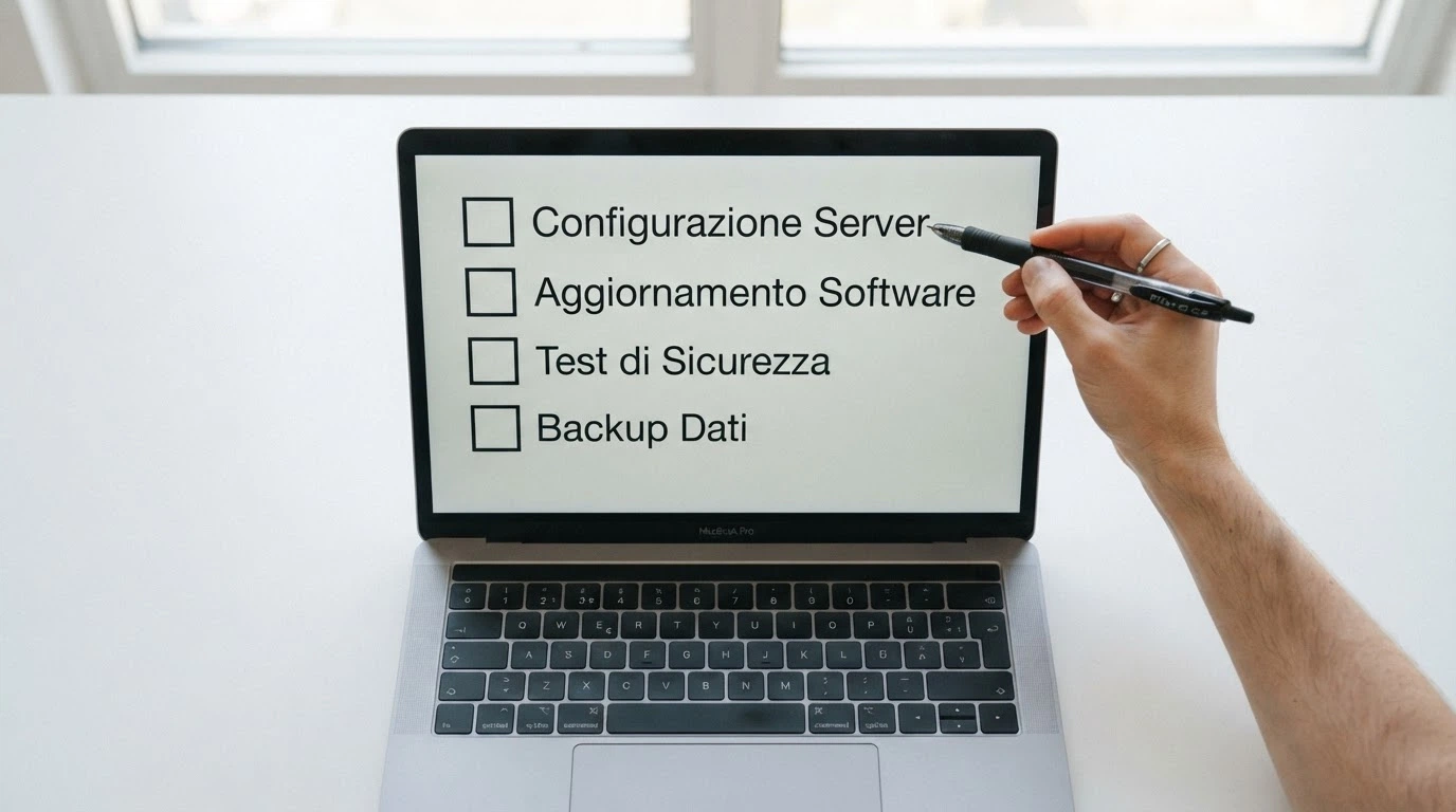 Una lista di controllo con quattro caselle da spuntare accanto allo schermo di un laptop