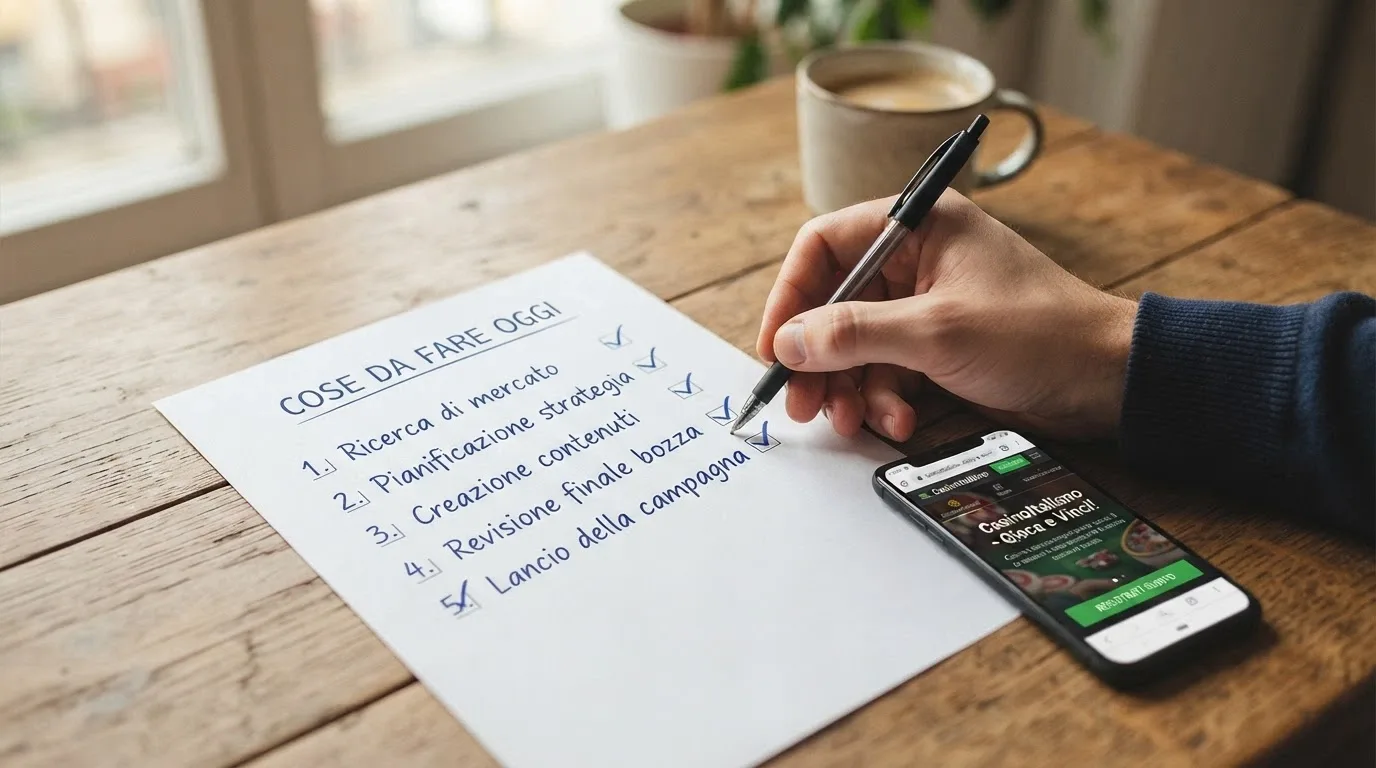 Una lista in 5 punti scritta a mano su un foglio appoggiato accanto a uno smartphone con la home page di un casinò ADM, con una penna posata sull'ultimo punto ancora da spuntare