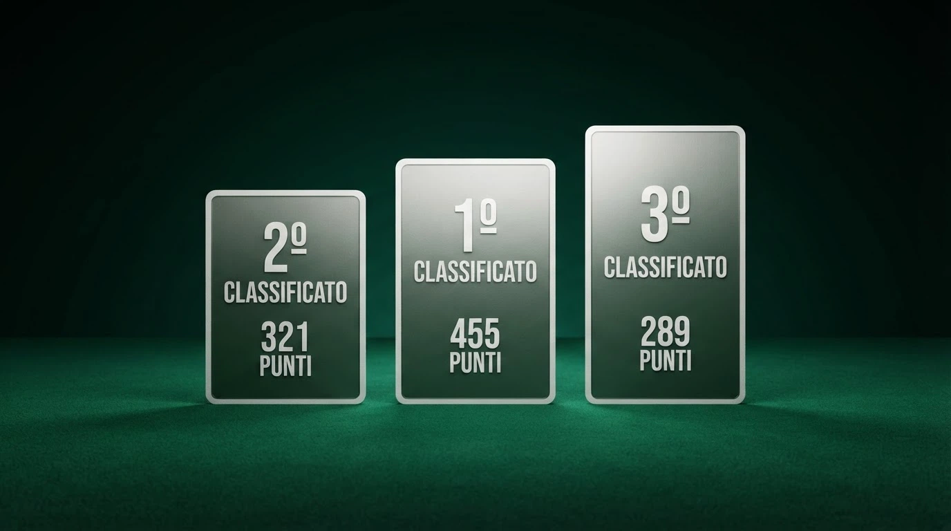 Una classifica stilizzata con le prime tre posizioni in evidenza su uno sfondo verde da tavolo da gioco, con lo stemma ADM visibile in alto